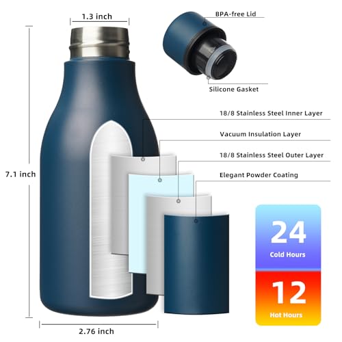 Image of BJPKPK Insulated Water Bottles, 12oz Stainless Steel Metal Water Bottle with Strap, BPA Free Leak Proof Jugs, Mugs, Flasks, Reusable Thermal Flasks for Sports & Travel, Navy Blue