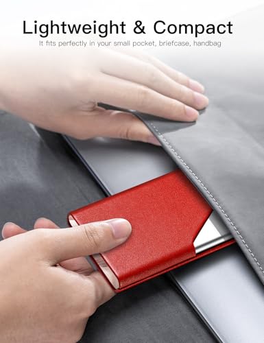 Image of Padike Business Card Holder, PU Leather & Stainless Steel Multi Card Case for Men & Women, Name Card Holder, Credit Card Wallet, ID Case /Holder with Magnetic Closure (Red)