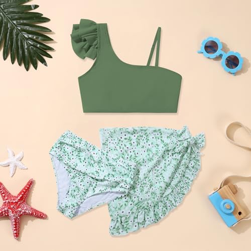 Girls Swimsuit Bikini Set 3 Piece Ruffle Adjustable Strap Kids Bathing Suit with Cover Up Skirt 7-14T4