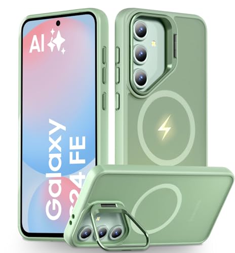 Image of DIZORO Polycarbonate Samsung Galaxy S24 FE Case Compatible with Mag Safe & Wireless Charging,with Camera Stand,Military Grade Drop Tested,Translucent Hard Back Soft Edge Back Cover(Camera Stand Mint.)