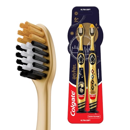Image of Colgate Harry Potter Kids 6+ Years Toothbrush Set of 2| Ultra Soft Bristles | White, Gold and Black Bristles, Raised Tip to Clean Hard Reach Areas, Suction Cup