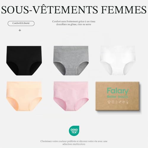 FALARY Culotte Femme Taille Haute Coton 5 pièces Blanc XL – vue 6
