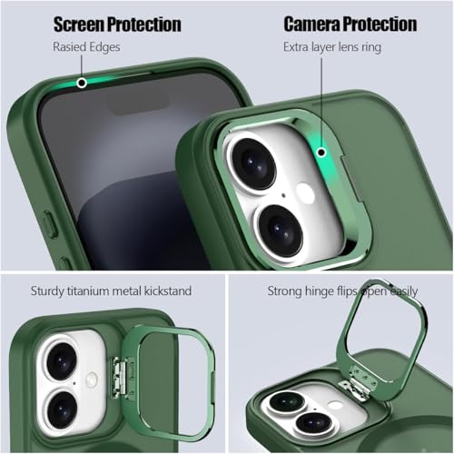 Image of Elzzi Translucent Matte Kickstand Case for iPhone 17, Built-in Adjustable Camera Stand, Translucent Matte Magnetic Mag-Safe Shockproof Phone Cover (Green)