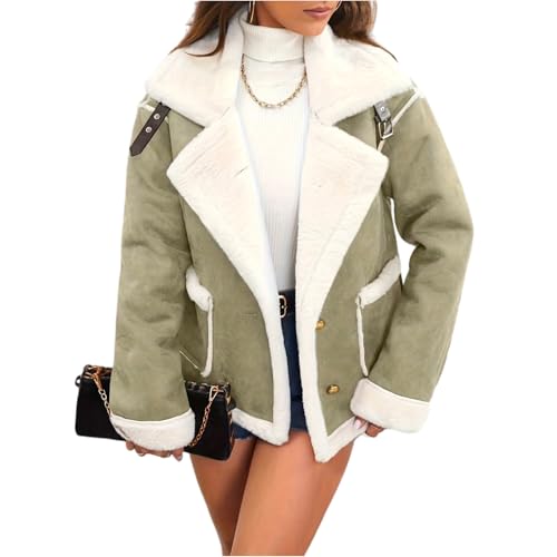 Generisch Winterjacke Damen Warm Gefüttert Wildlederjacke Damen Mit Knöpfen Langarm Wintermantel Wildleder Revers Fleecejacke Elegant Dicke Damen-Jacken Winter Locker...