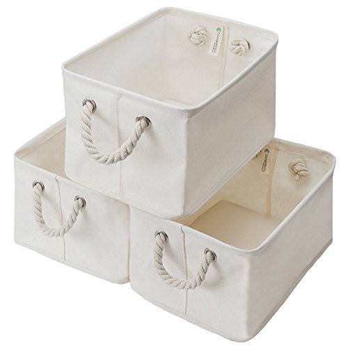 StorageWorks Storage Cube Organizer Bin with Strong Cotton Rope Handle, Storage Baskets of Waterproof Cotton Fabric,Foldable Storage Cubes, Natural, Large (Cuboid), 3-Pack