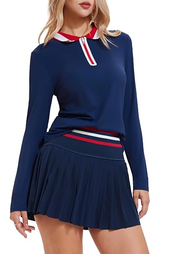 Image of Tennis Skirt Sets for Women Zipper Color Block High Waisted Golf Polo Two Piece Skirt Set Women 2 Piece Outfits