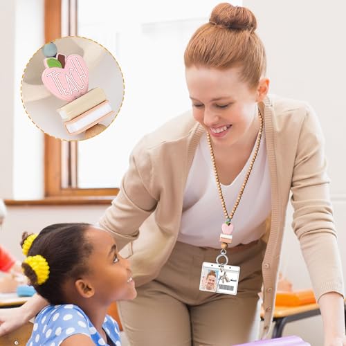 Image of Teacher Lanyard Lanyards for ID Badges Keys Women Wood Silicone Beaded Lanyard with ID Holder Work Jewelry