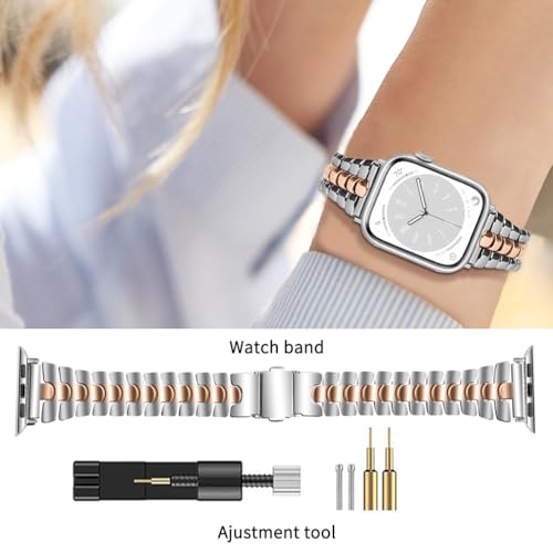 Thin Metal Band Compatible with Apple Watch Band 38mm 40mm 41mm 42mm 44mm 45mm 49mm, Dressy Stainless Steel Chain Strap, Slim Fancy iWatch Band with Case for Women Men