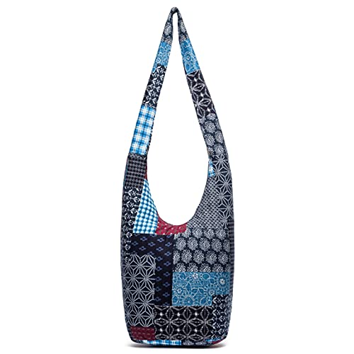 Bolsos de hombro de las mujeres de la moda de la lona Hippie Crossbody Bolsas Bohemia Animal Prints Hobo, Cuadrado azul,