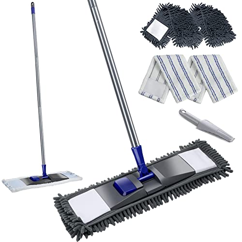 MASTERTOP Balai à Plat en Microfibre Rotatif à 360° Vadrouille Serpillère Plate en Chenille avec Manche en Métal pour Nettoyage de Sol Sec & Humide avec 4...