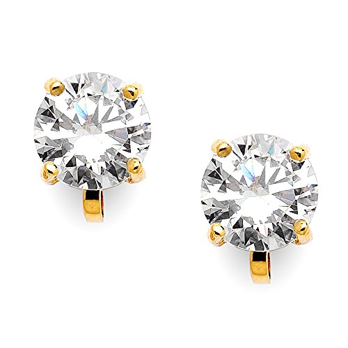 Mariell Cubic Zirconia Crystal Gold Wedding Clip On Stud Earrings for Women, 2 Carat 8mm Round-Cut CZ