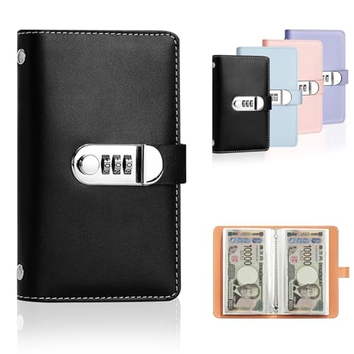 aninako お札 貯金箱 札 紙幣100枚収納 コンビネーションロッ 厚手の革 隠し金庫 お金仕分け 封筒貯金 貯金ファイル 本型 紙幣 記念紙幣 (黒)