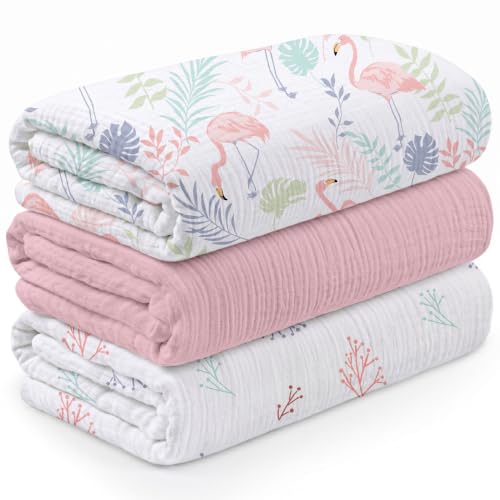 Image of Muslin Swaddle Blankets for Newborn, 3 Pack Breathable Soft Receiving Blanket, Large 38 x 40 inches Swaddle Wrap Burping Clothes, Essentials Infant Shower Items, Toddler Gift (Pink Flamingo)