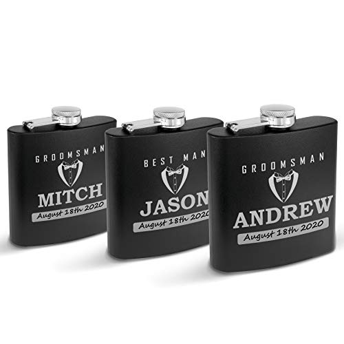 Set of 3 Flask, Groom,Bestman, Groomsman, Stainless Steel Hip Black matt, Personalized Flask,Grooms Gifts,Tuxedo Flask