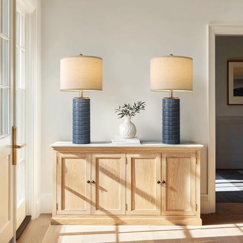 Image of PoKat 27.5'' Tall Table Lamps for Living Room Set of 2, Ceramic Bedroom Lamps for Night Stands, Modern Bedside Lamps for Bedroom Living Room, Nightstand Lamps for Side End Table Hallway, Blue