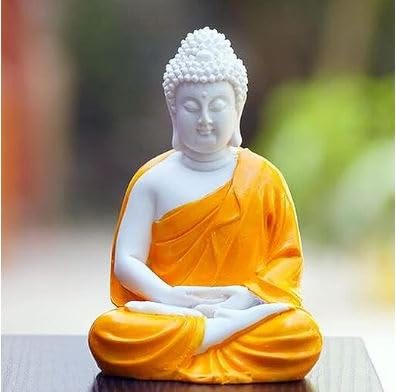 Resin Lord Gautam Buddha Statue Showpiece Meditation Figurine for Home Decor and Gift (Size, 5.5 inch Color - Orange, White & Blue) (Orange)
