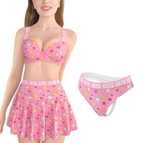 Littleforbig Women High Waisted Elastic 3 Pieces Usagi Sporty Mini Skirt Bralette Panty Set Plus Size Friendly Pink S