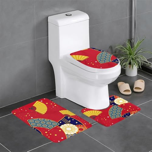 扇子 赤色 和風 和柄 3点セット トイレマット フタカバー 便座カバー 足元 U型 O型 拭ける 滑り止め 通用型 吸水 洗える 速乾 浴室マットおしゃれ かわいい 40x60cm