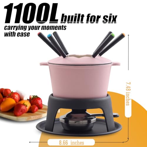 Artestia Cast Iron Cheese Fondue Pot Set for Chocolate Fondue Pot Camping Fondue Set with 6 Fondue Forks, 11-Piece Cheese Fondue Set Serve 6 Persons (Pink) - Thumbnail 3