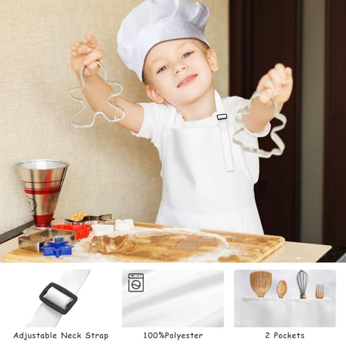 IAGBIBUI Kids Apron and Chef Hat Set, 24 Pieces Boys Girls Kids Apron with 2 Pockets Adjustable for Cooking Classroom Baking Painting, 6-13 Years, White by IAGBIBUI - Image 4