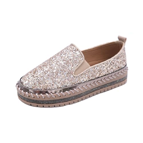 Image of Women's Platform Rhinestones Glitter Fashion Sneakers Comfortable Slip On Flat Loafers Walking Wedding Dress Shoes Casual Shoes