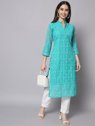Image of Ekasya Women's Georgette Embroidered Work Kurta with Notch Neck 3 /4 Sleeves Straight Cut Calf Length | E1547