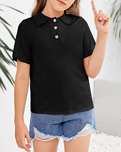 Sysea Girls Short Sleeve Tops Basic Peter Pan Collar Knit Button Down Shirts Black #TOP2