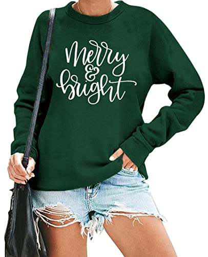 Image of Christmas Sweatshirt Women Merry and Bright Christmas T-Shirt Funny Xmas Lights Blouse Tops Holiday Shirts