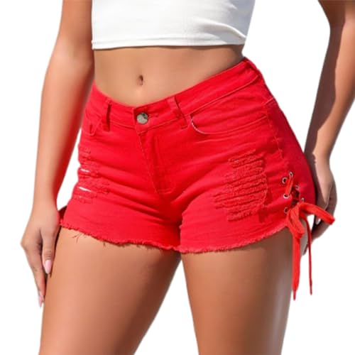 Short en jean décontracté taille haute rétro pour femmes déchiré de couleur unie
