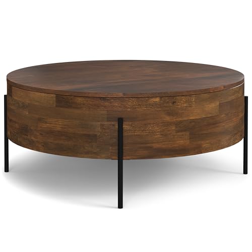 SIMPLIHOME Rayburn Drum Coffee Table - 38 inch Wide Solid Mango Wood Round Living Room Table in Walnut Brown, Modern Urban Center Table for Family Room with Black Metal Legs and Large Surface