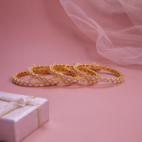 Image of Gold Plated Kundan Bangle Set for Women | Teardrop Stone Bangles with Pearl Beaded Latkan Charm Ethnic Wedding Jewellery | Bangle Set of 4 for Women & Girls