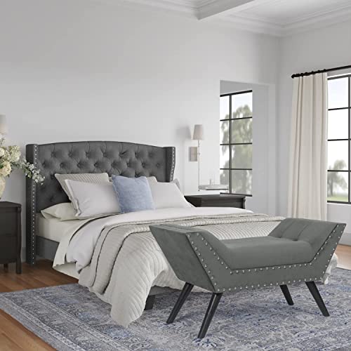 Adeco Modern Upholstered Fabric Ottoman Tufted Accent Wooden Legs And Nailhead Trim For Bedroom, Entryway, Living Room Storage Benches, Grey #TOP2