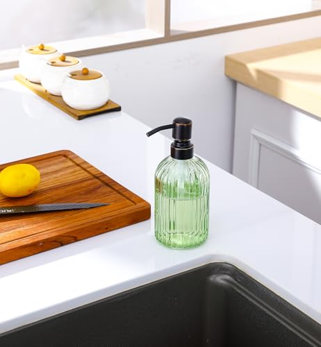 Image of Avola Green Glass Soap Dispenser, Vertical Stripes Bathroom Hand Soap Dispensers with Oil Rubbed Bronze Pump, 16 Oz Glass Kitchen Dish Soap Dispenser,Stainless Steel Liquid Green Soap Dispensers