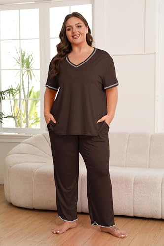 Image of Vozanet Women's Plus Size Pajama Sets Short Sleeve Long Pants Solid Color with Piping Trim Elegant Loungewear Cozy Sleepwear