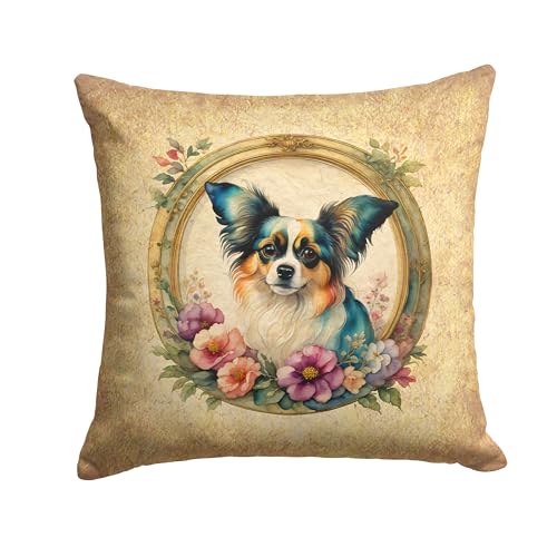 Caroline's Treasures DAC2181PW1818 Papillon and Flowers Fabric Decorative Pillow Machine Washable, Indoor Outdoor Decorative Pillow for Couch, Bed or Patio, 18Hx18W
