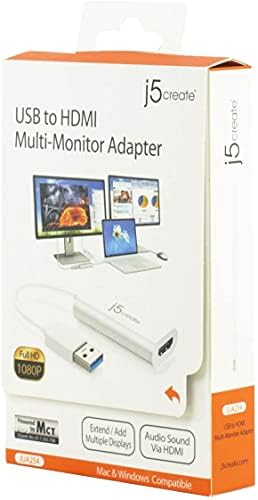 j5create USB to HDMI Multi-Monitor Adapter Supports 1080p 2048 x 1152 @ 32 bits | USB 3.0 with 2.0 Support | Adapter is Compatible with Both Mac & Windows (JUA254)