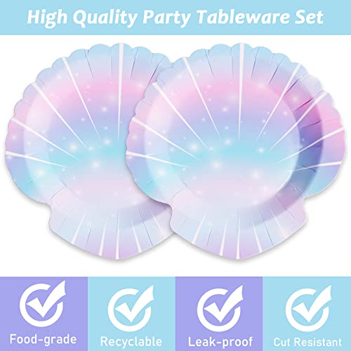 Image of ZOIIWA 96 Pieces Mermaids Themed Party Decorations Mini Under the Sea Tableware for Girls Clam Shell Dessert Plates Napkins Forks for 24 Guests Birthday Party Favors
