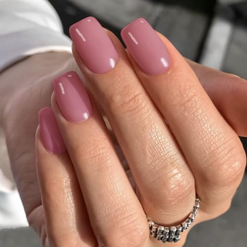 XCREANDO Hot Pink Nails Press ons Neon Pink Press on Nails Medium Square Glue on Nails Medium Length Short Acrylic Glue on Medium Coffin Fake Nails False Nails for Women Solid Color Gel Nails 24Pcs