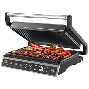 Olvy Kontaktgrill mit Touchscreen – PFAS-frei – 7 automatische Programme – 180°-Öffnung, 1800 W – Antihaft-Platten – Thermostat und Timer – Panini- und Sandwichmaker aus Stahl