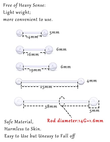 14G Clear Bioflex Flexible Acrylic Straight Barbells Nipple Rings Tongue Ring Industrial Earring Pregnancy Belly Button Ring Retainer Piercing Jewelry 14mm 16mm 19mm 25mm 38mm2