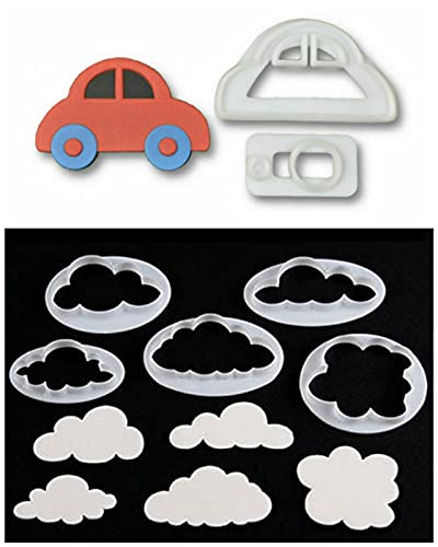 Image of HomeBakers Mart Combo Pack of 2 Piece Set Car Shape Fondant Cutter and 5 Piece Cloud Cutter for Cake