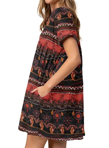 Image of Jayscreate Women's Baby Doll Dress Summer Casual Tunic Pleated Flowy Swing Short Sleeve Black V Neck Mini Dress