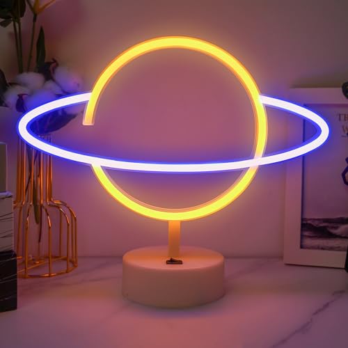 Segni al neon del pianeta blu e bianco caldo, insegna a LED con scritta al neon, alimentata a batteria/USB, luce notturna LED per camera da letto, segni al neon con base per la decorazione della