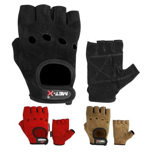 Met-X Weightlifting Gloves XX Large, Fingerless Leather Gloves, Breathable Extra Grip Bodybuilding, Workout, Exercise, Cycling, Training Accessories, Fitness Gym Equipment (Black, 2XL)