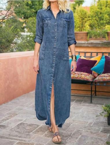 utcoco Womens Denim Shirt Dress Vintage Lapel Long Sleeve Casual Button Down Maxi Jean Dresses2