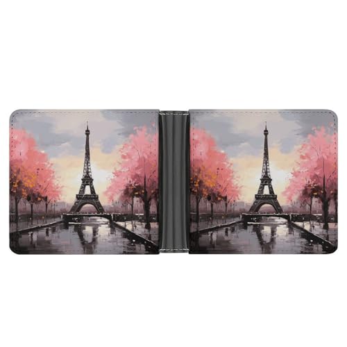 Men's Leather Wallet Bifold Wallet for Men Oil Painting Paris Eiffel Tower Slim Wallet with Multiple Card Classic Passcase Mens Card Holder