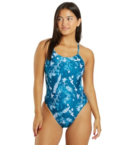 Nike Women's HydraStrong Multi Print Cut Out One Piece Swimsuit Mineral Teal, Size 30