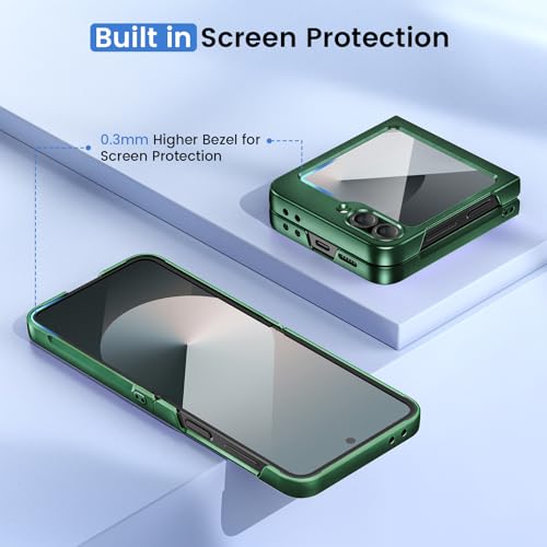 Image of Ruky for Z Flip 6 Slim Case, with Built-in Screen Protector, Dark Green | Support Wireless Charging Hard PC Ultra-Thin Full Body Protective Phone Cover for Samsung Galaxy Z Flip 6, Dark Green