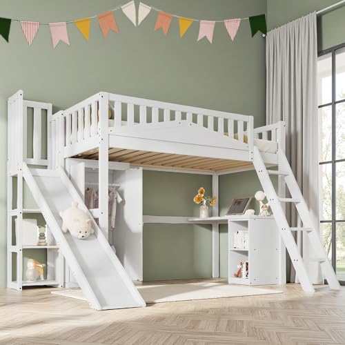 Sapgaks Lit Mezzanine Enfant avec Bureau,casiers,Armoire et Toboggan,lit Enfant Multifonctionnel,Lit superposé Enfant 90x200 avec sommier à Lattes,lit...