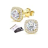 SLLAISS Pendientes Moissanita Mujer y Hombre Plata de Ley 925 con Baño de Oro 16K Hipoalergénicos Brillantes Pendiente Moissanite Corte Redondo Cushion Halo Diamante Simulado 1CT